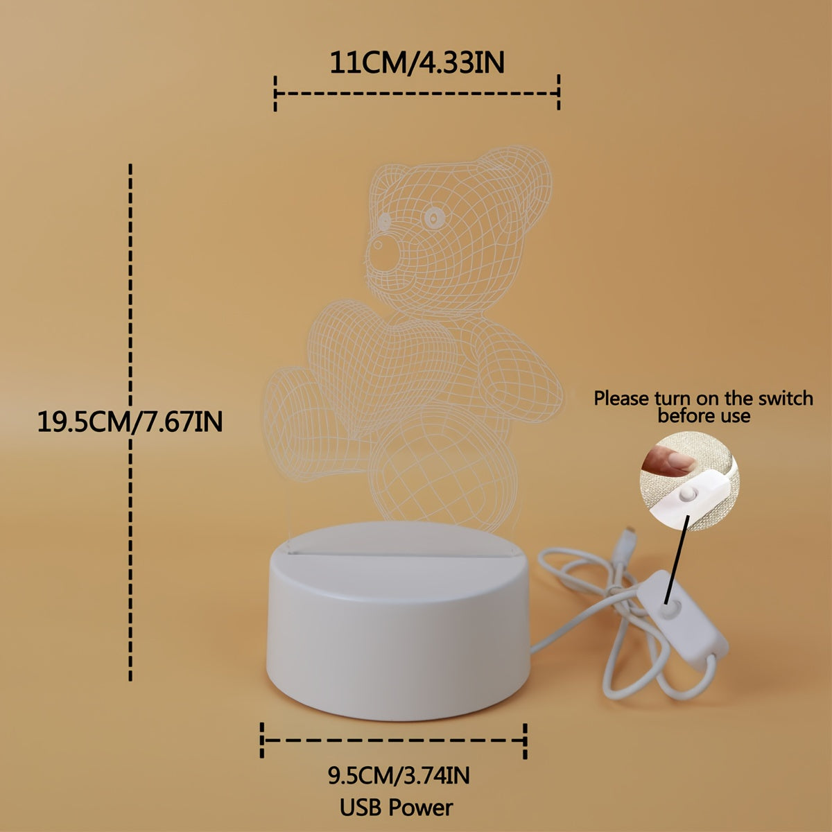 HeartBear 3D Glow Light – USB Soft Pink