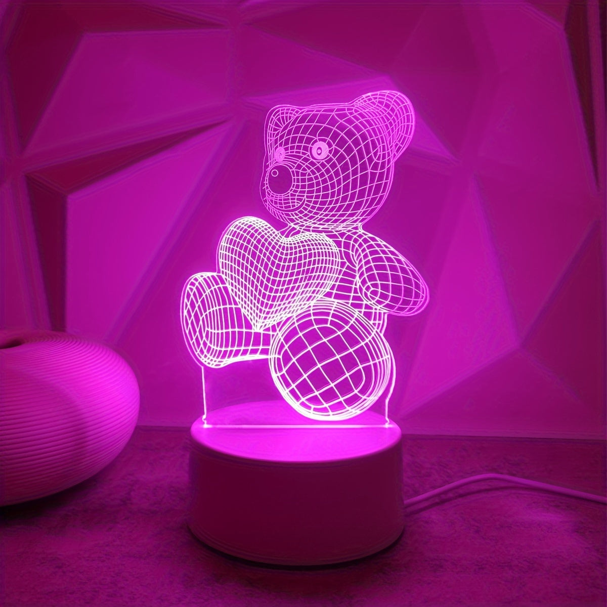 HeartBear 3D Glow Light – USB Soft Pink
