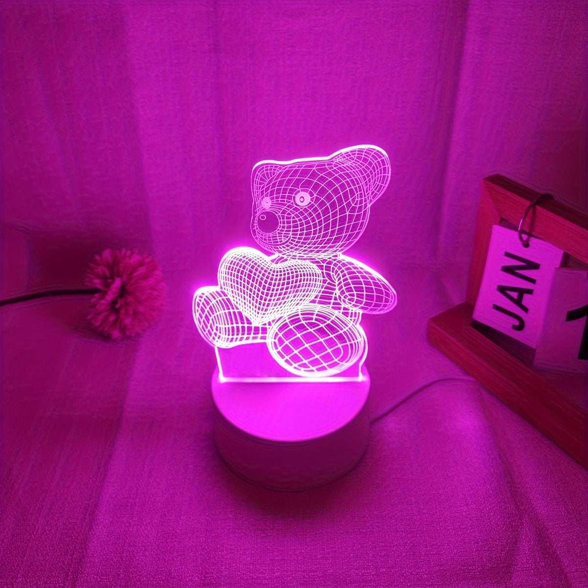 HeartBear 3D Glow Light – USB Soft Pink