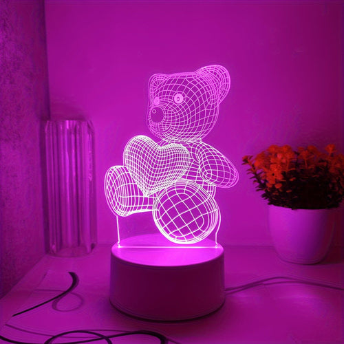 HeartBear 3D Glow Light – USB Soft Pink