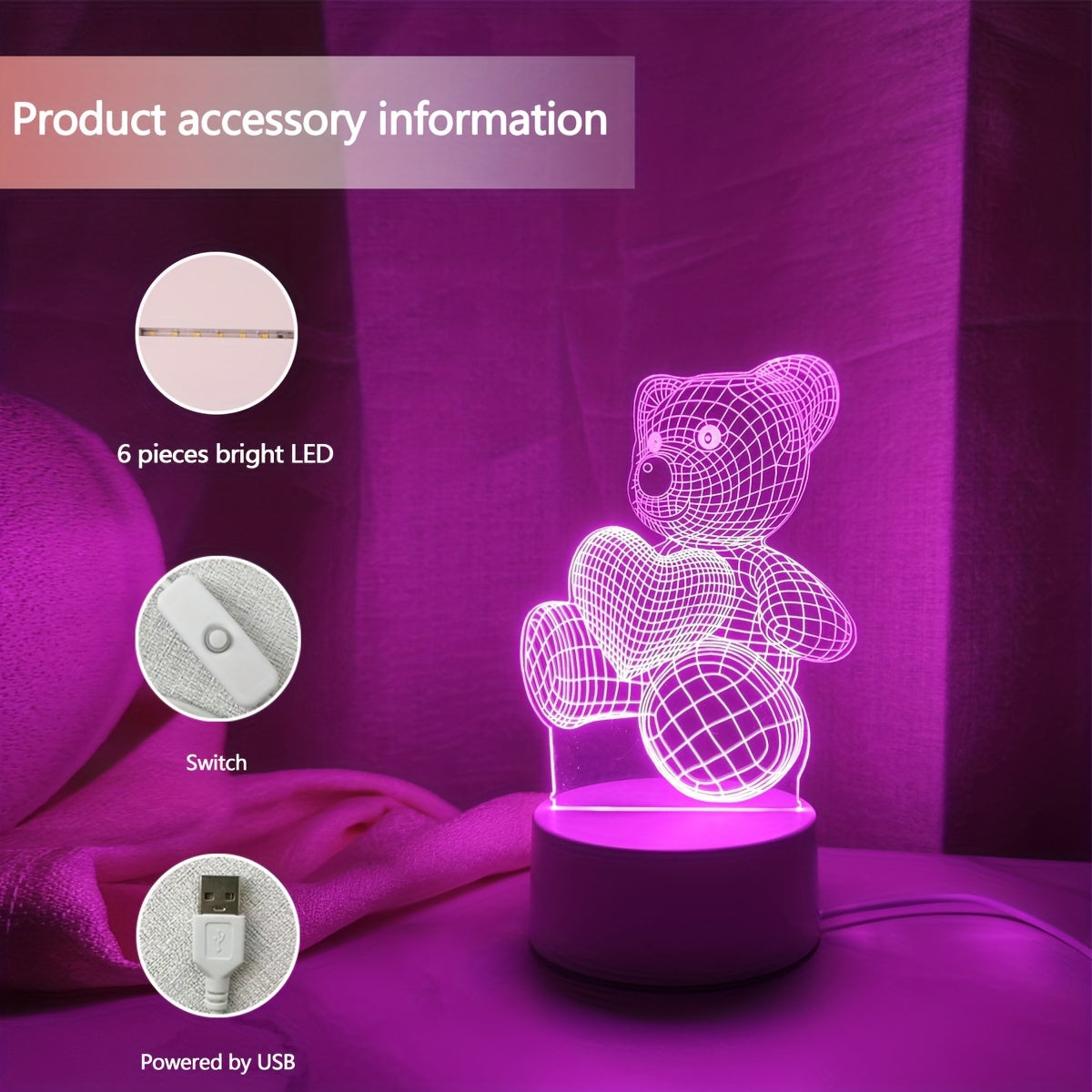 HeartBear 3D Glow Light – USB Soft Pink