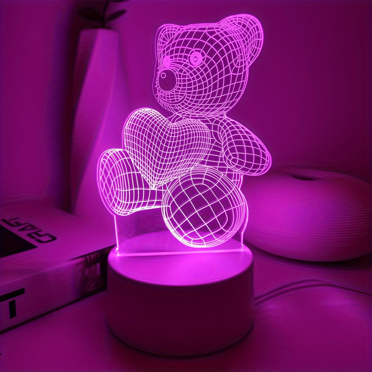 HeartBear 3D Glow Light – USB Soft Pink