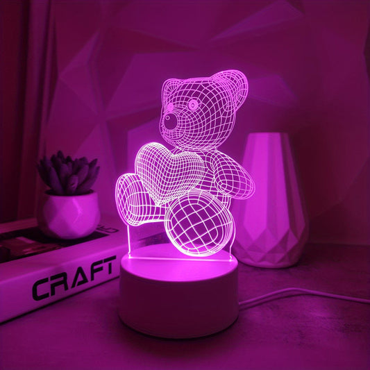 HeartBear 3D Glow Light – USB Soft Pink
